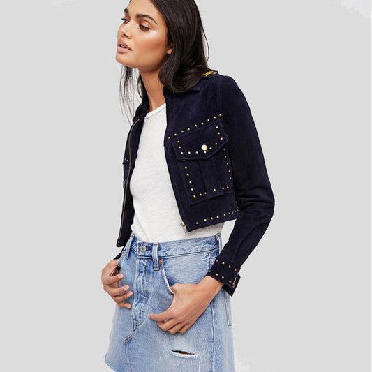 Buy Best Price  Eliza Blue Studded Suede Leather Jacket