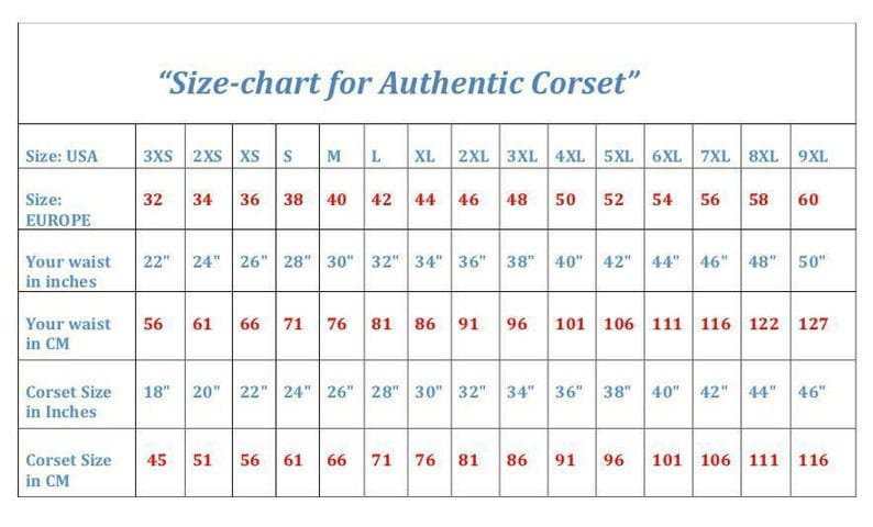 SIze Chart corset