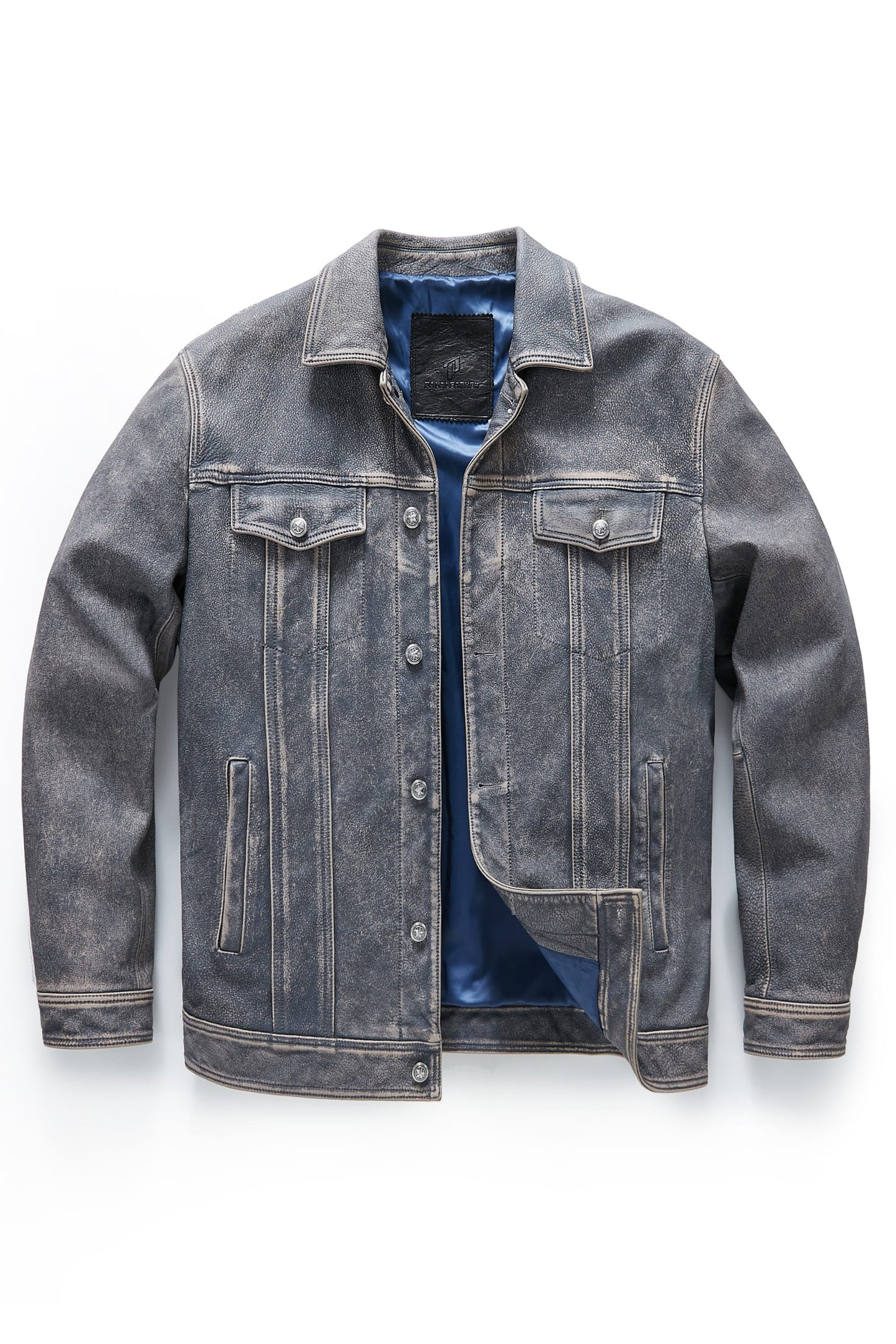 Men's Classic Denim Blue Calfskin Leather Trucker Jacket
