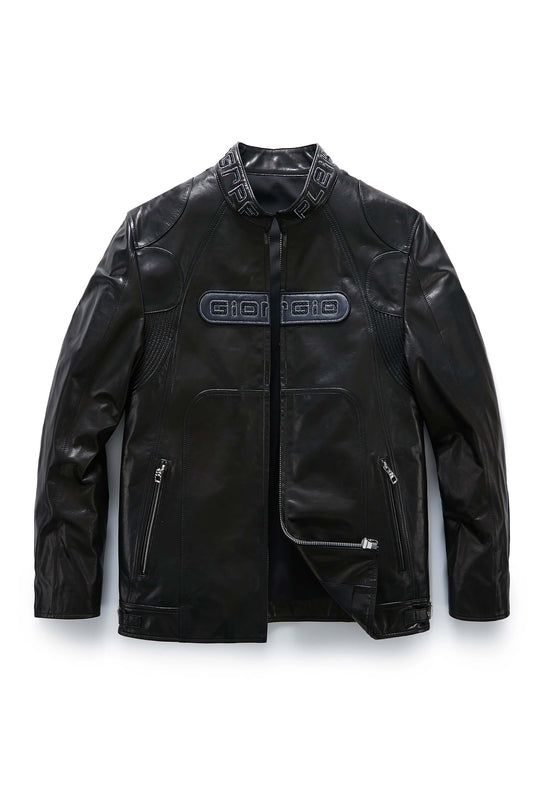 Black Embroidered Racer Leather Jacket