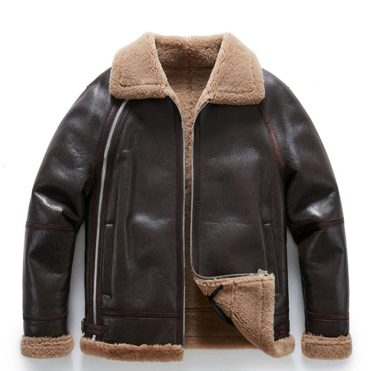 Brown Sheepskin Leather-Trim Shearling Bomber Jacket