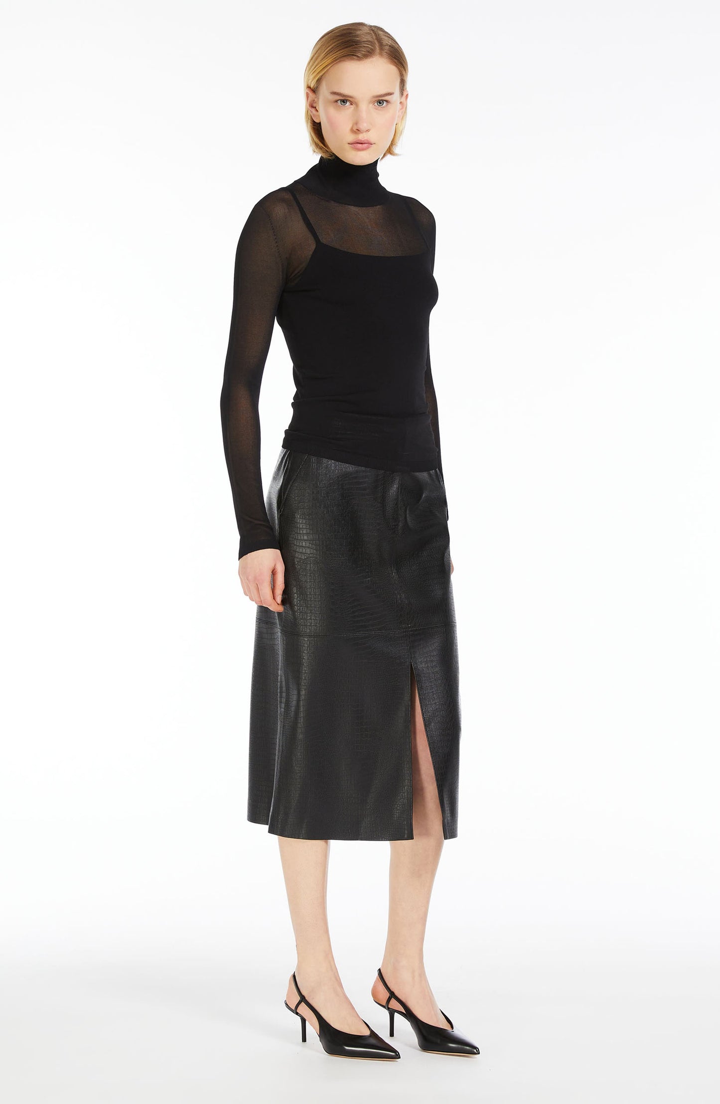 Ethel Croc Embossed Faux Leather Pencil Skirt