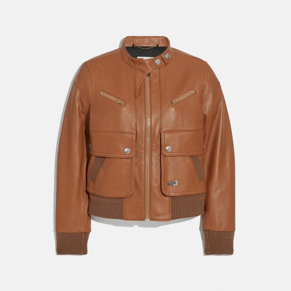 Women Brown Lambskin Bomber Biker Leather Jacket