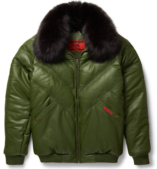 Buy Best price Trendy Fashion Olive Leather V-Bomber Jacket