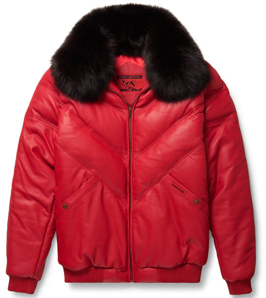 Buy Best price Red Leather V-Bomber Jacket