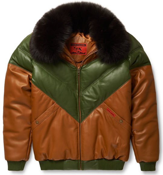 Buy Best price Trendy Fashion Brown & Green Leather V-Bomber Jacket