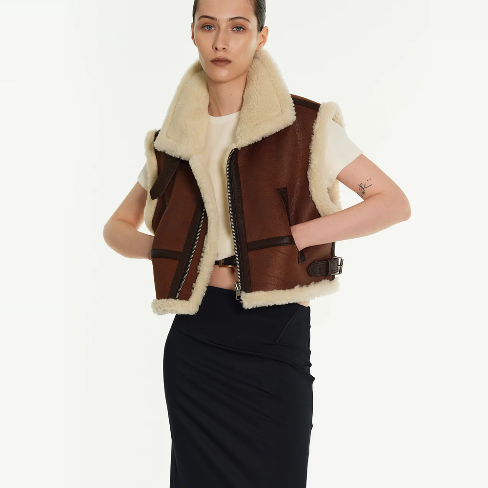 Women Sheepskin Brown Shearling AviatorLeather Vest