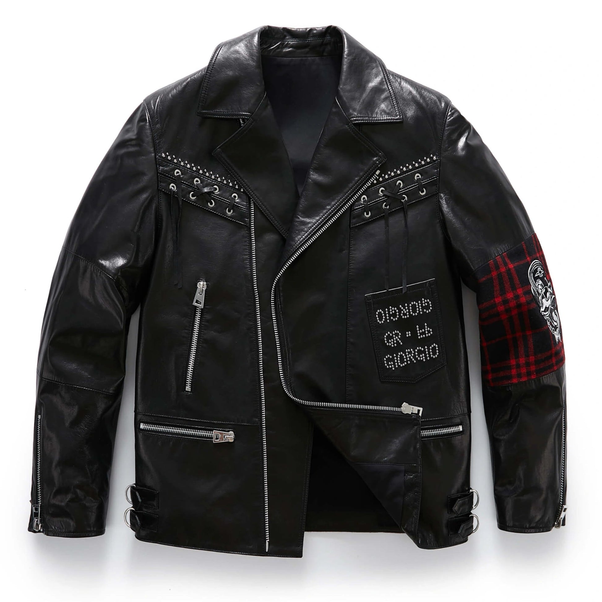 Black Goatskin Leather Wool Moto Jacket 