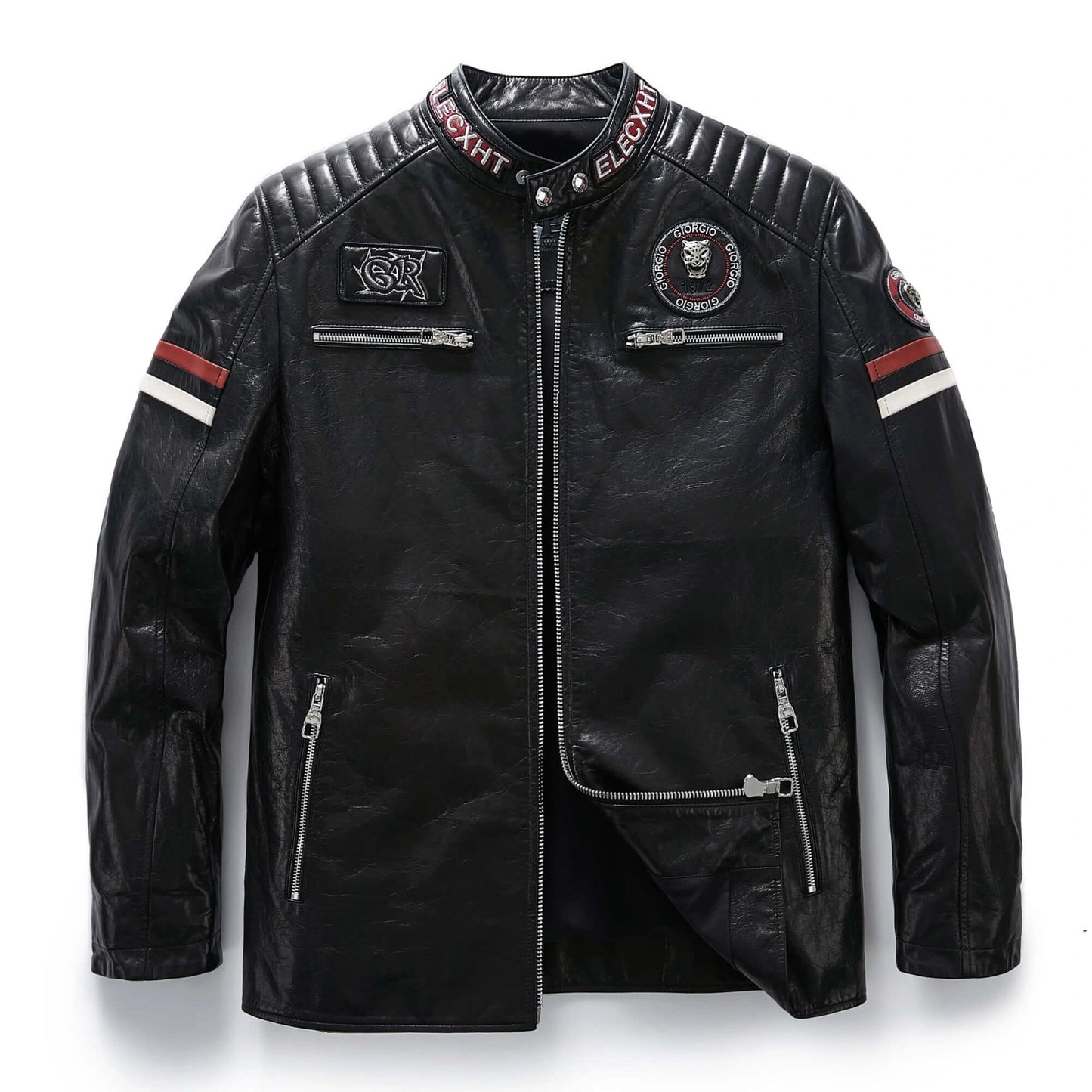 Men's Black Leather Patch Decorated Leather Biker Jacket