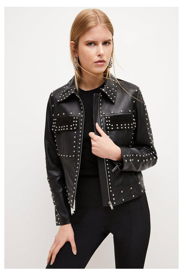 Women Black style Silver Spiked Studded Leather Biker Jacket