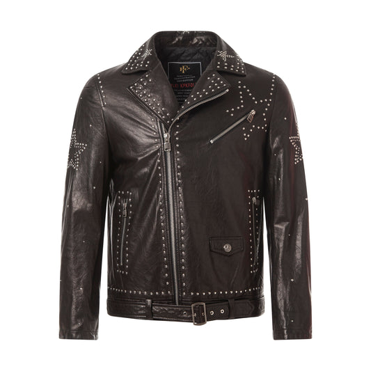 Rfx Leather Black Rockstud Belted Genuine Leather Moto Jacket
