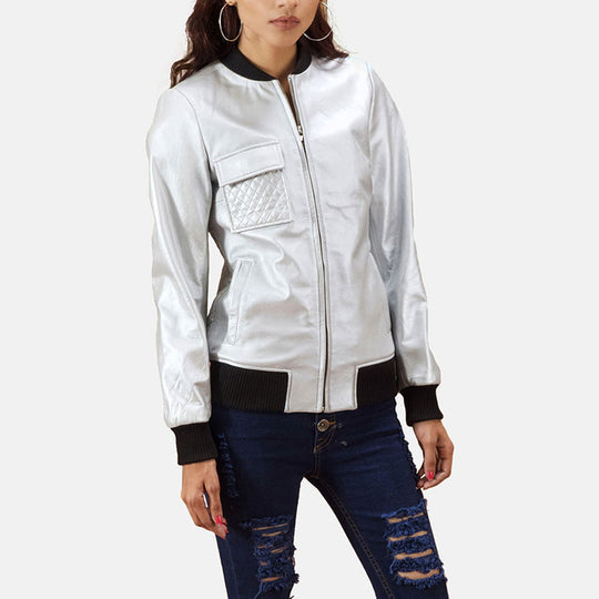 Buy Best fashion Lana Silver Leather Bomber Jacket