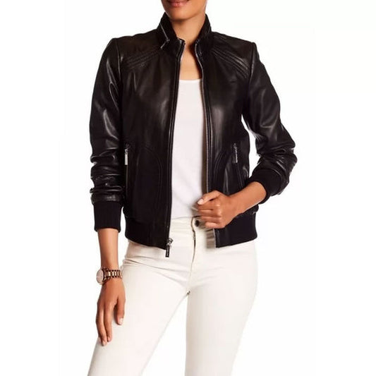 Womens Genuine Lambskin Black Leather Bomber Jacket