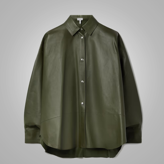 New Women's Green Soft Smart Collar Leather Shirt