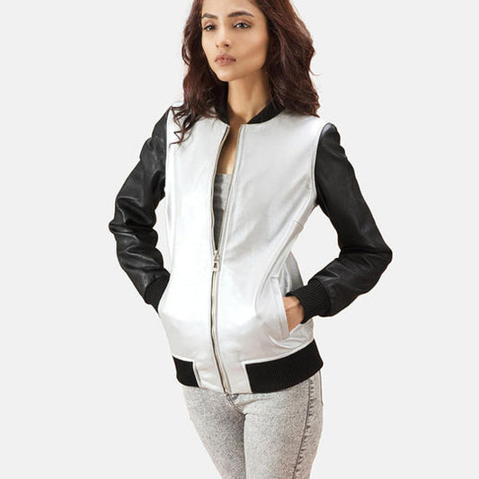 Buy Best Fashion Cole Silver Leather Bomber Jacket