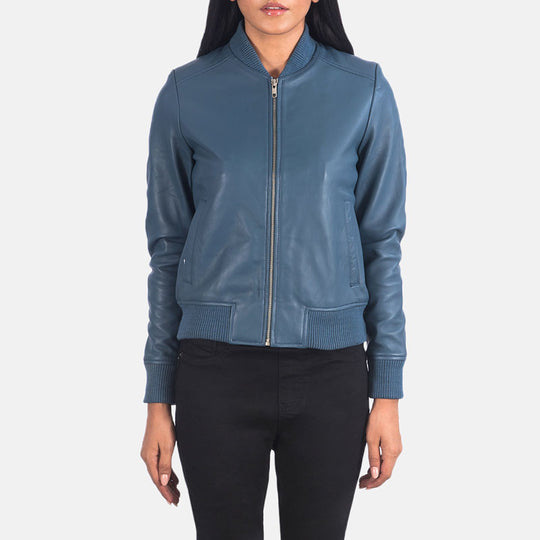 Buy Best fashion Bliss Blue Leather Bomber Jacket