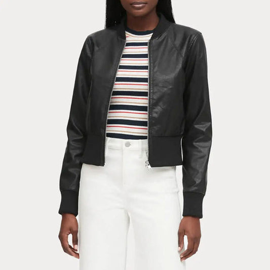 Buy Best Fashion Women Cropped Ribbed Cuff Black Bomber Jacket