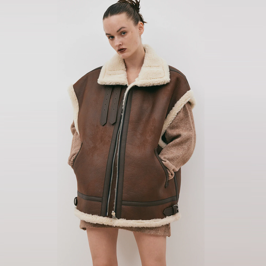 Buy Best Classic New Chocolate Brown Women Aviator Sheepskin Leather Vest