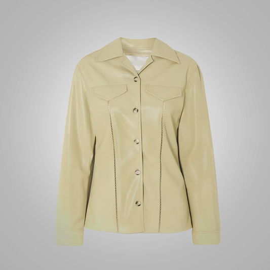 Women's Khaki Smooth Simple Button Closure Leather Shirt