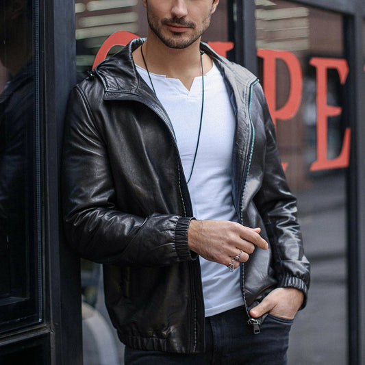 Black Hooded Leather Bomber Genuine Jacket