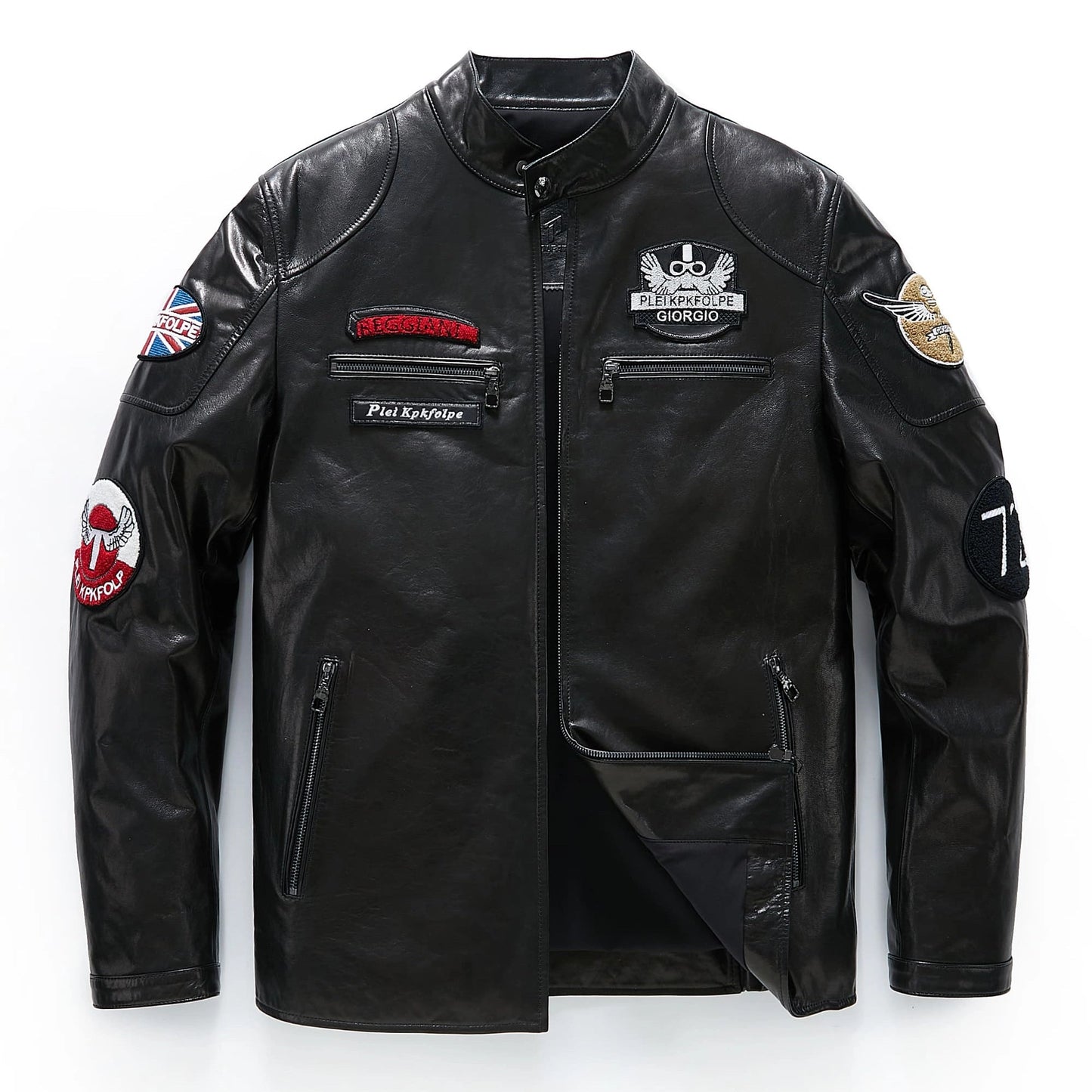 Men's Black Genuine Goatskin Leather Biker Jacket with Patches