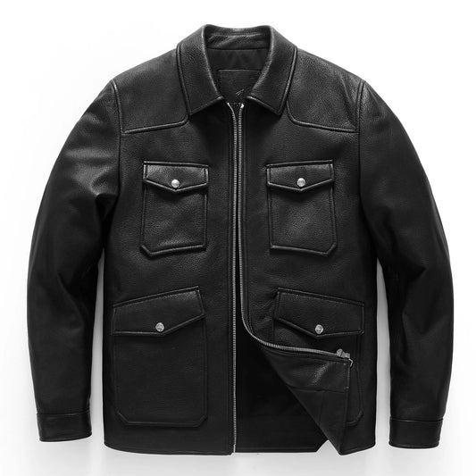 Men's Black Vintage Leather Trucker Jacket