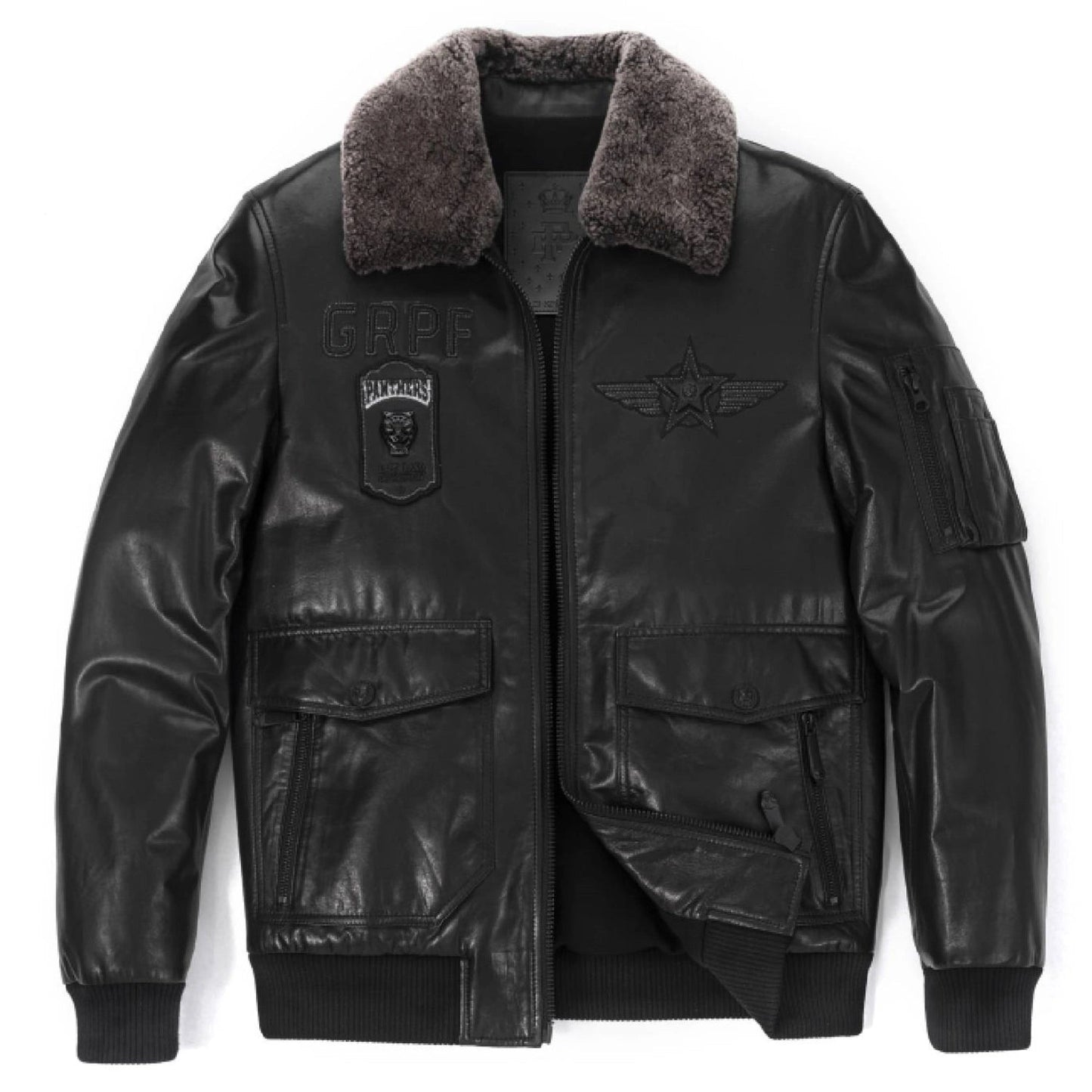 Black Pattern Patches Fur Collar Leather Bomber Jacket