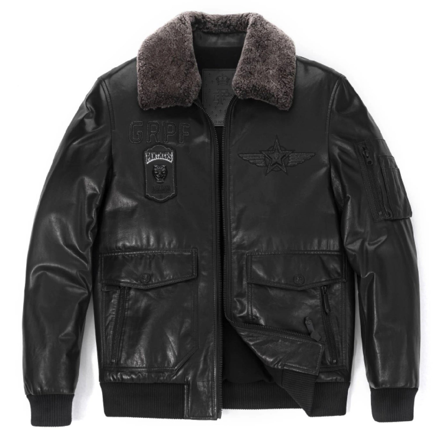 Black Patche Fur Collar Leather Bomber Jacket