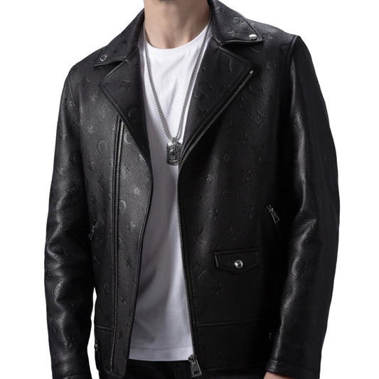Black Embossed Leather Motorcycle Biker Jacket
