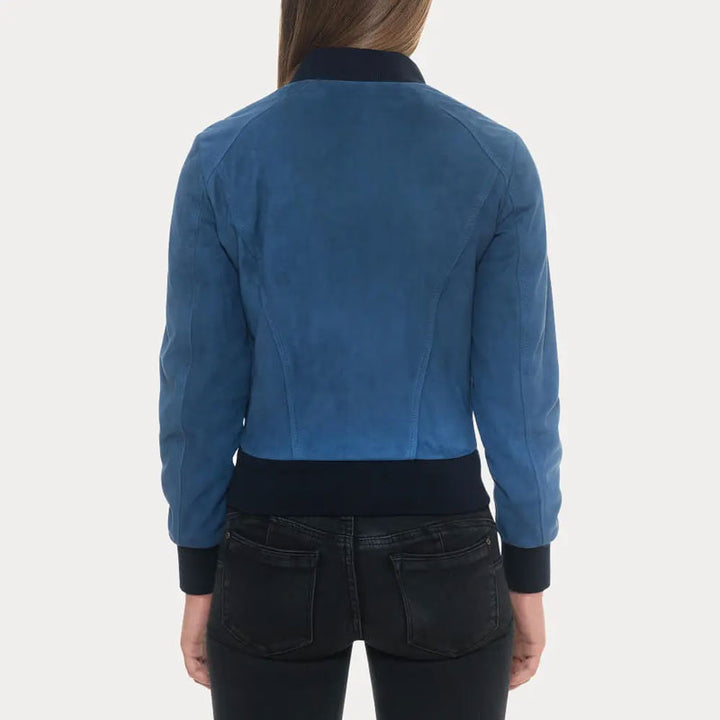Blue Suede Bomber Jacket with Black Rib Knit Collar & Cuffs