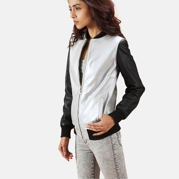 Buy Best Fashion Cole Silver Leather Bomber Jacket