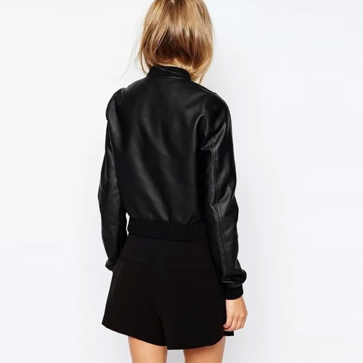 Ladies Black Leather Bomber Jacket
