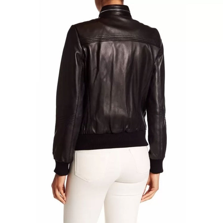 Womens Genuine Lambskin Black Leather Bomber Jacket