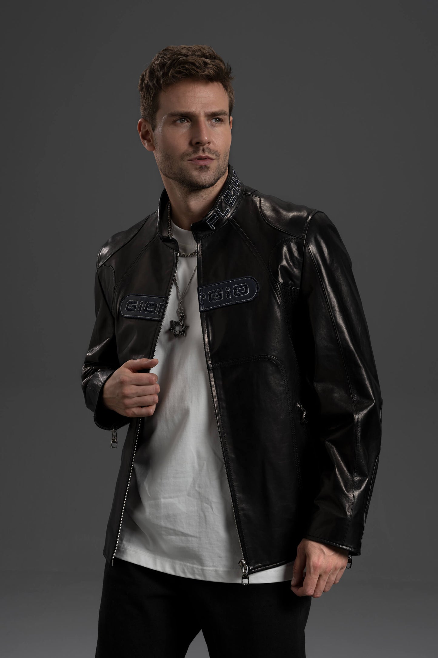 Men's Black 100% Goatskin Embroidered Racer Leather Biker Jacket