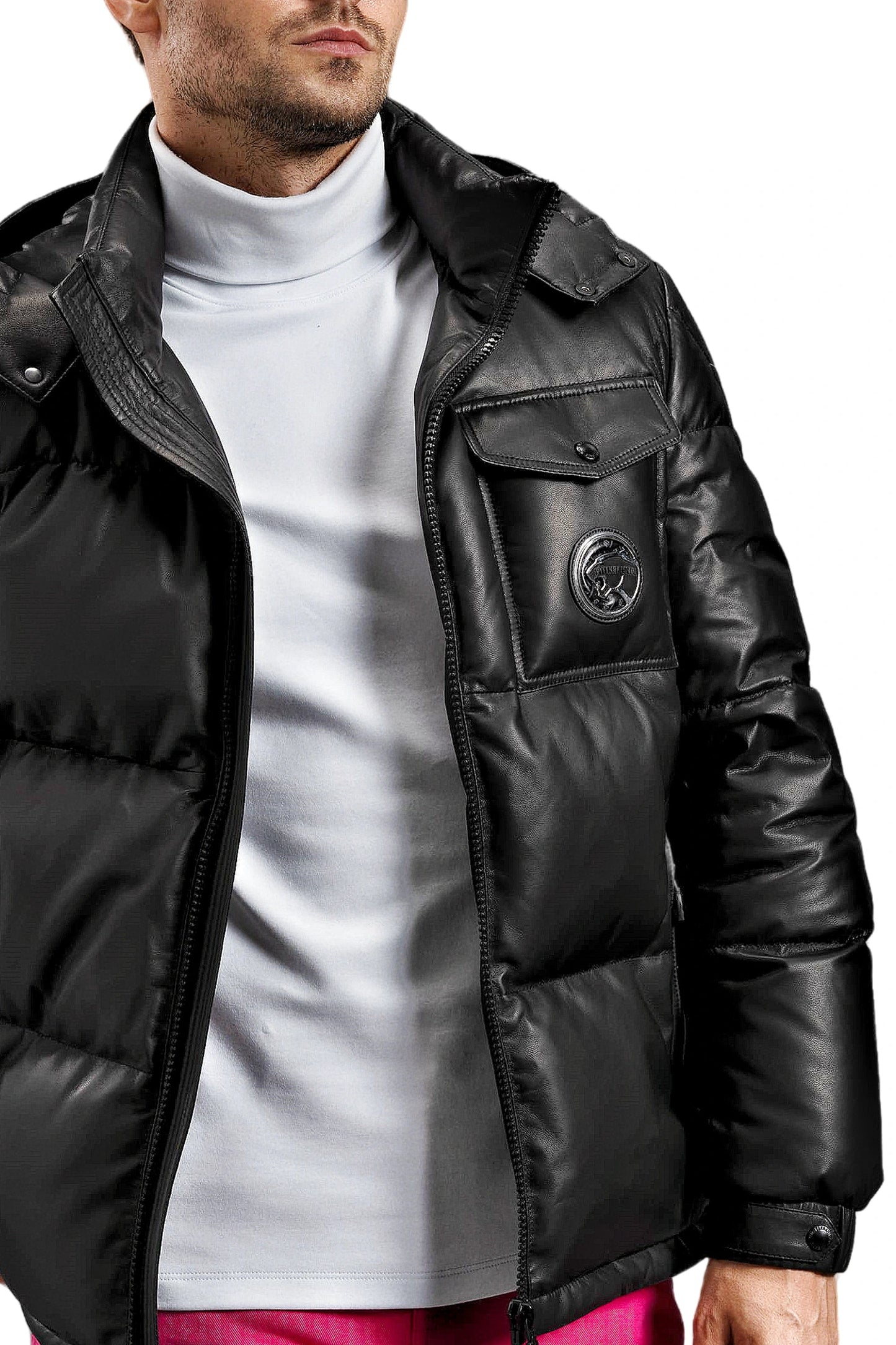 Black/White Goatskin Leather Bomber Hooded Down Jacket
