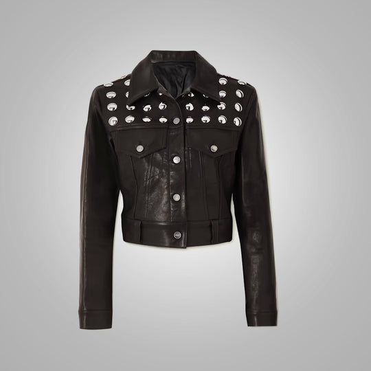 Women's Black Shearling Studded textured Cropped Leather Jacket