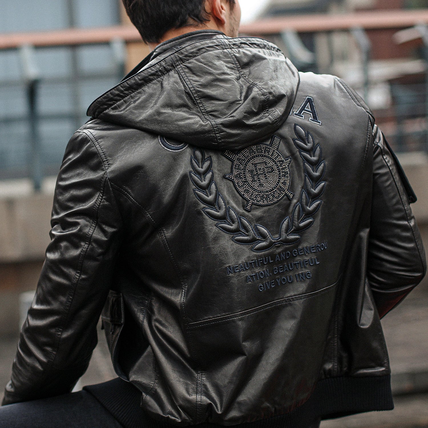 Black Hooded Genuine Leather Bomber Jacket