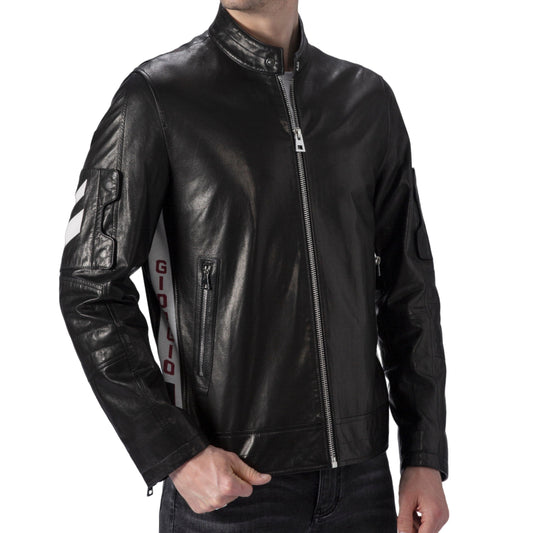 Black Leather Racer Jacket with Letter Knitted Band