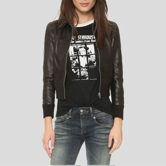 Buy Best Price Fashion Halle Shirt Collar Black Bomber Leather Jacket