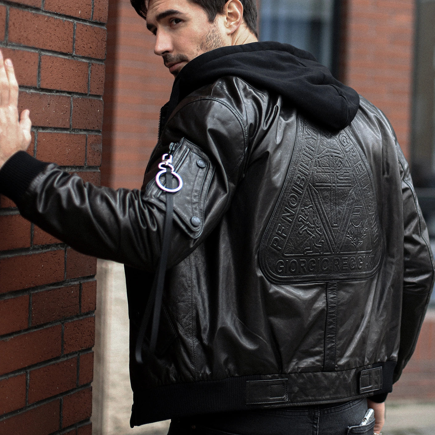 Black Casual Hooded Genuine Leather Bomber Jacket