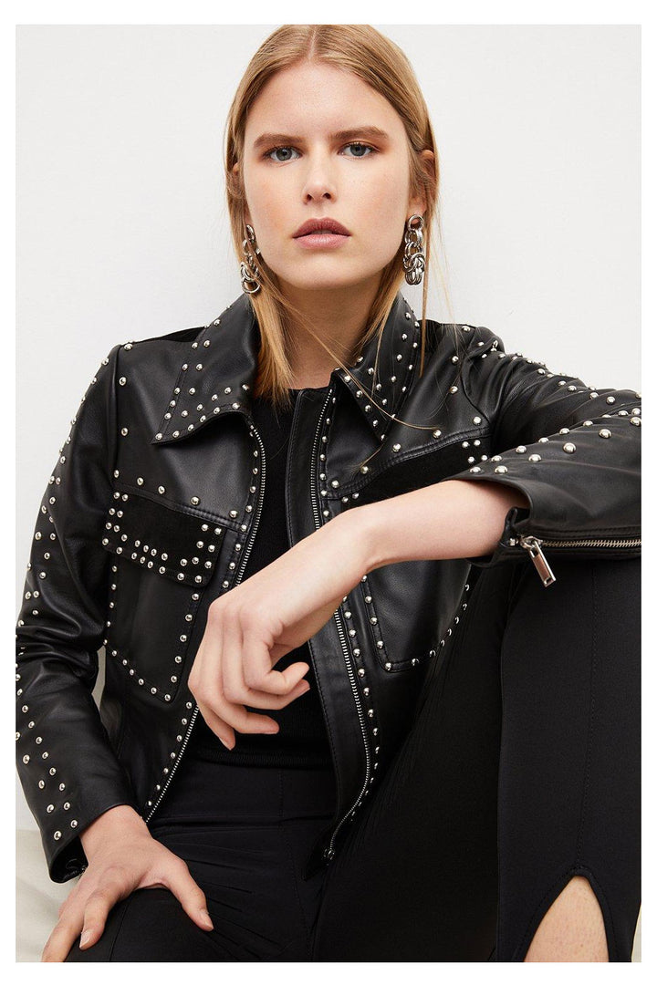 Women Black style Silver Spiked Studded Leather Biker Jacket