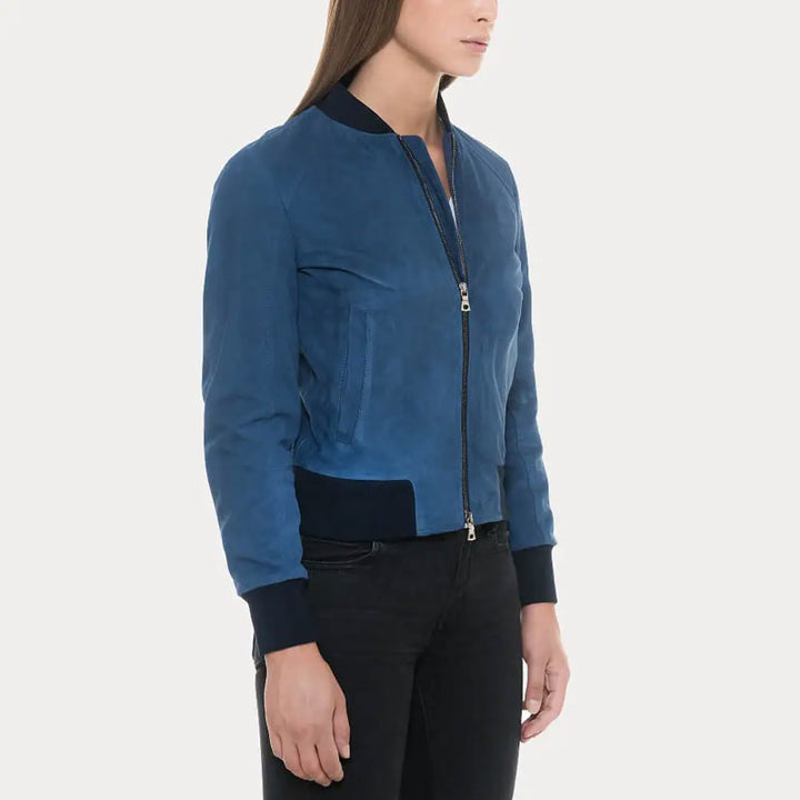 Blue Suede Bomber Jacket with Black Rib Knit Collar & Cuffs