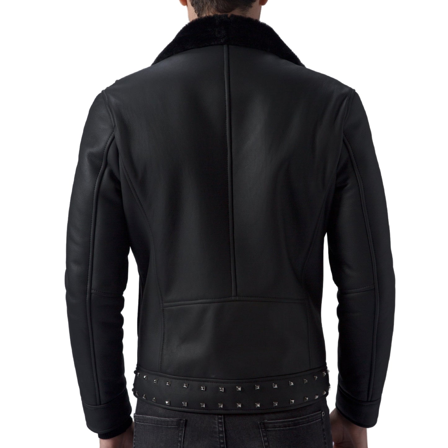 Black Biker Studded Real Shearling Sheepskin Leather Jacket