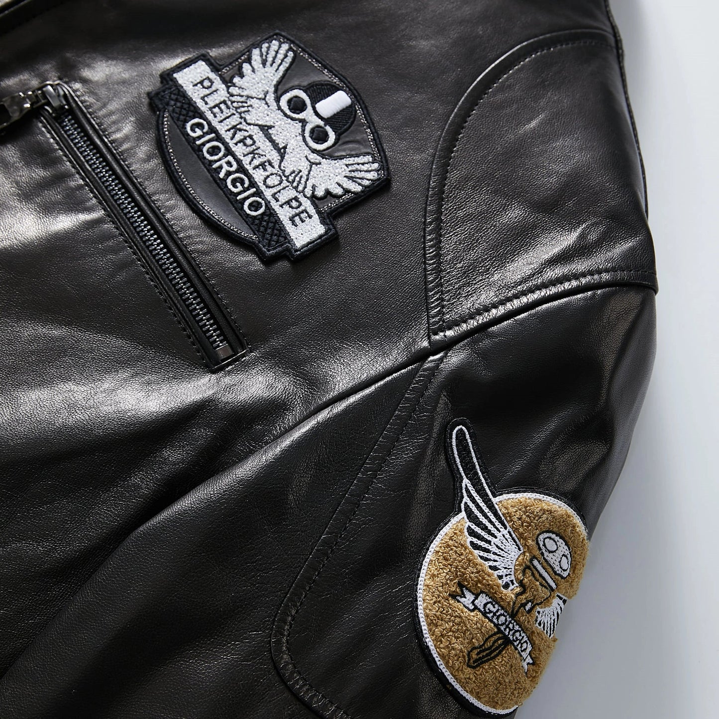 Men's Black Genuine Goatskin Leather Biker Jacket with Patches