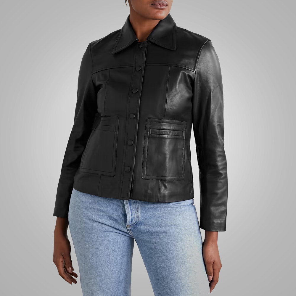 Women's Smooth Simple Buttery Soft Black Leather Shirt