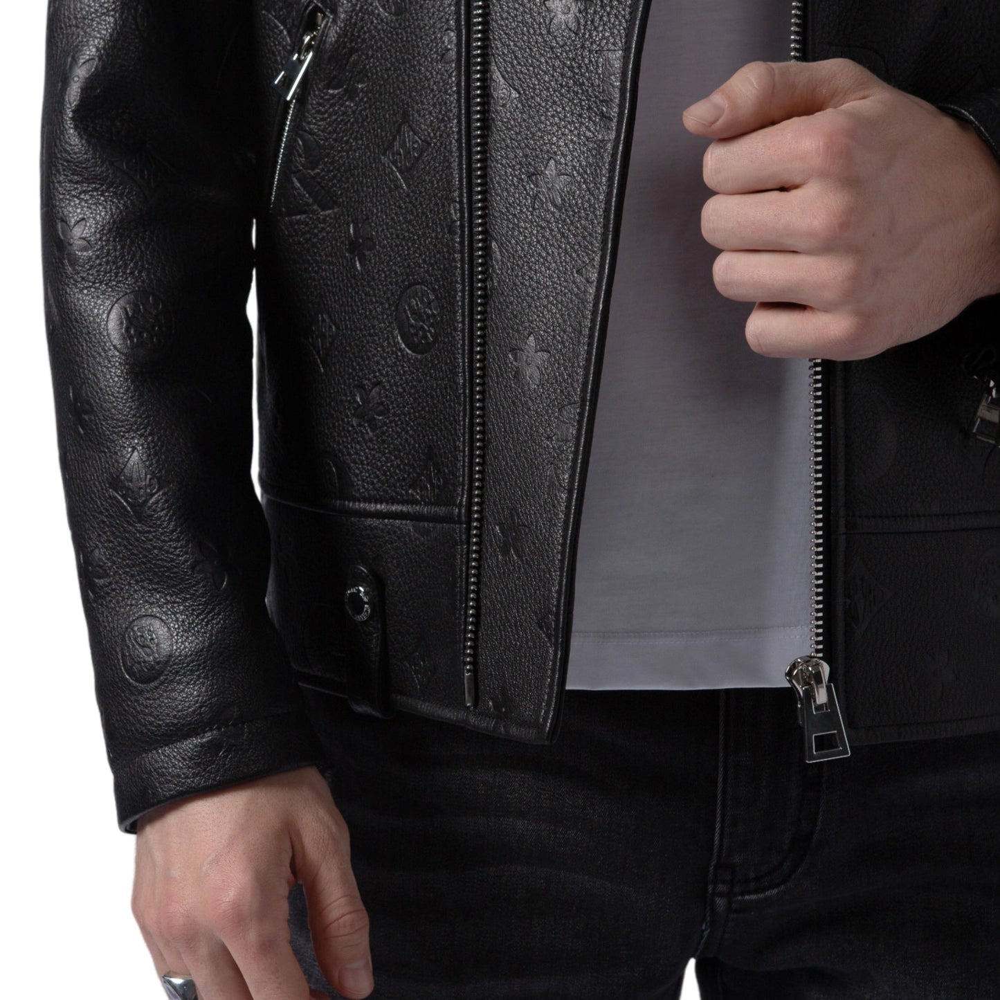 Black Embossed Leather Motorcycle Biker Jacket