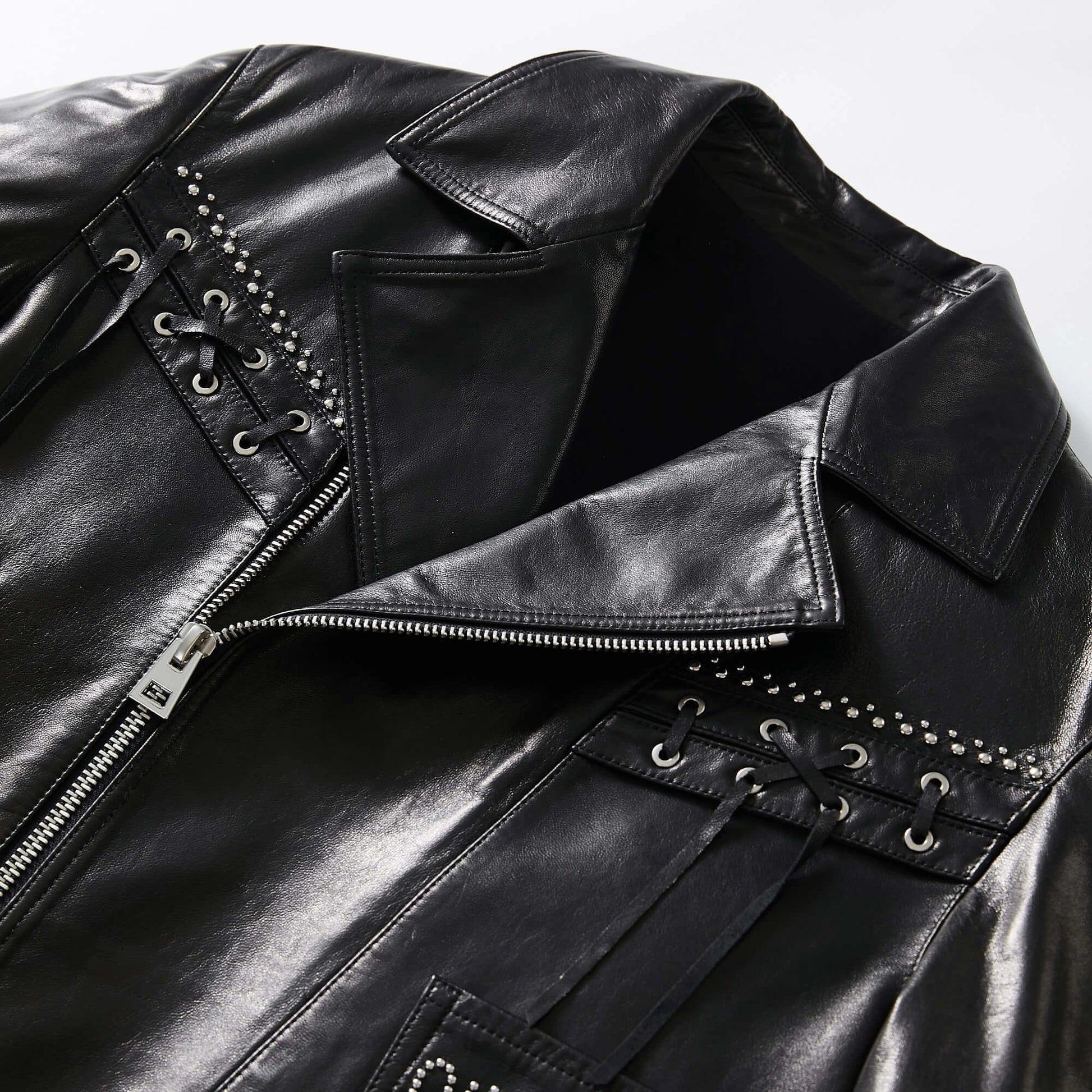 Black Goatskin Leather Wool Moto Jacket 