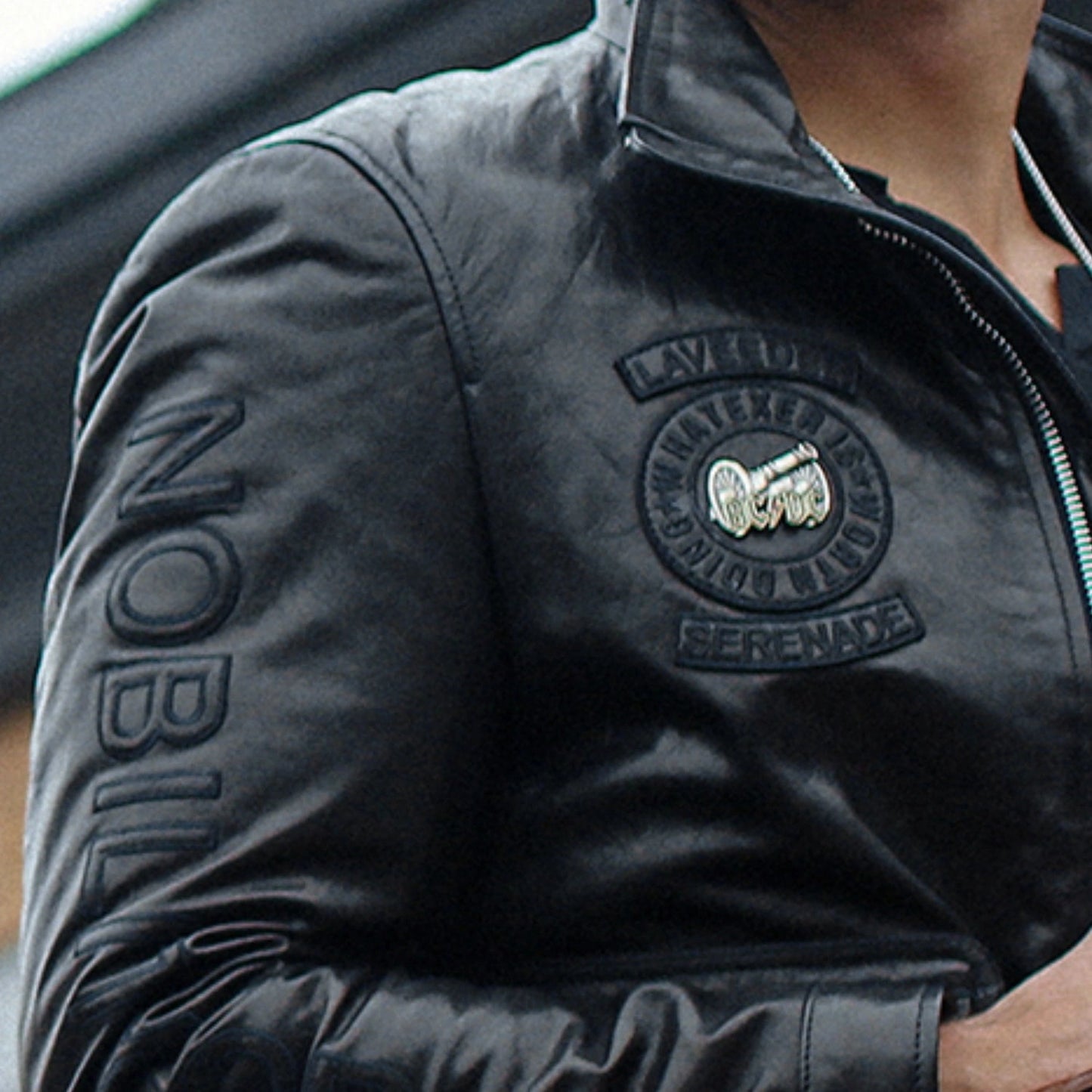 Black Patch Designed Goatskin Leather Bomber Jacket