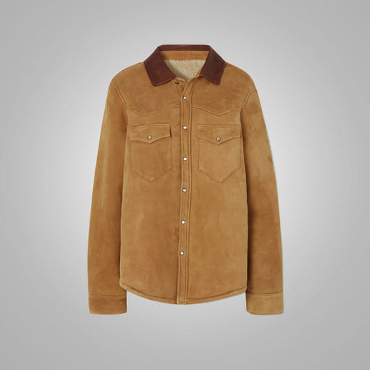 Women's Camel Suede Shearling With Classic Flap Pockets Leather Shirt