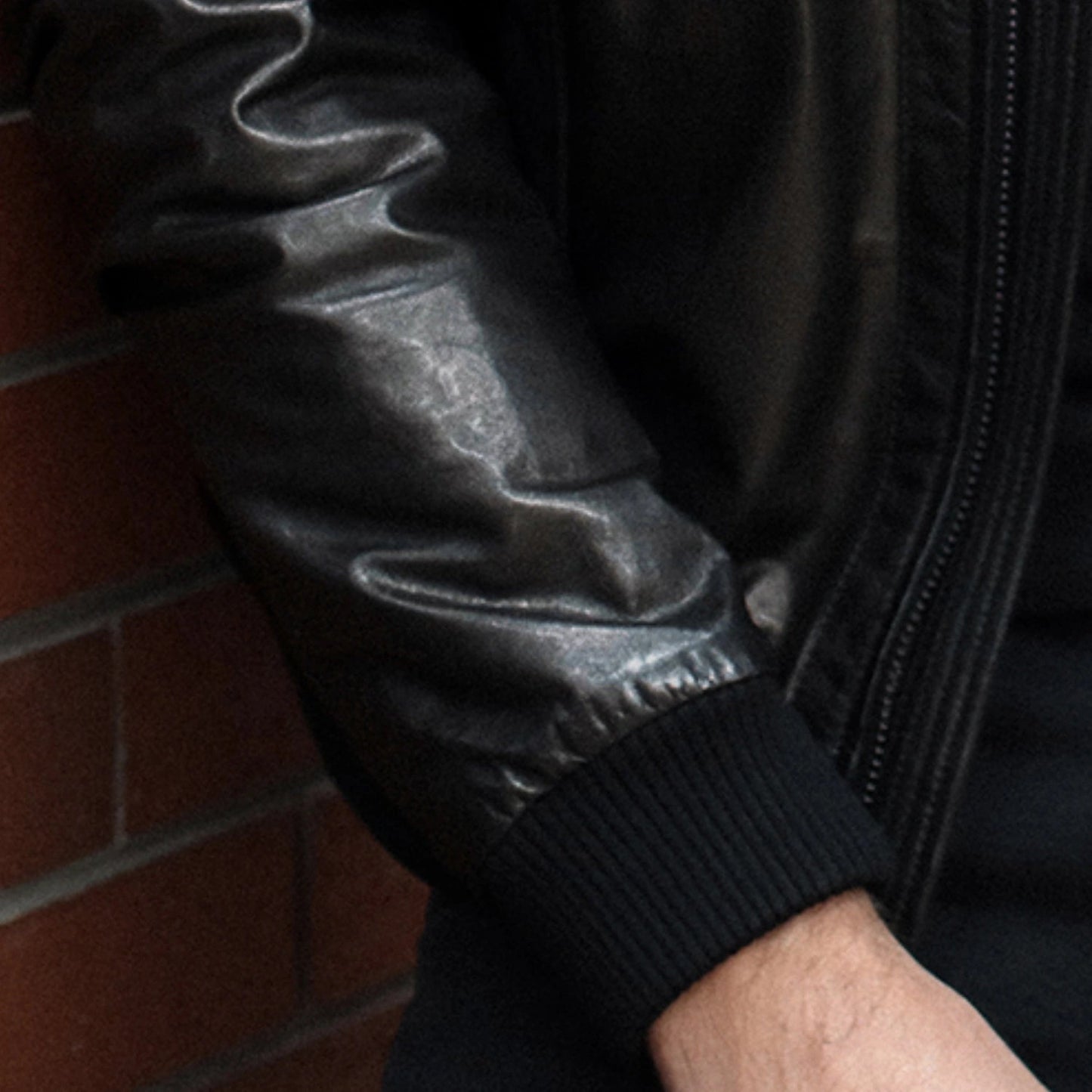 Black Basic Logo Genuine Leather Bomber Jacket